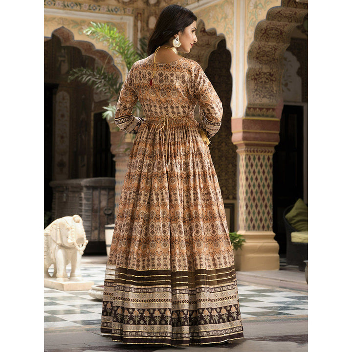 Odette Apricot and Brown Printed Dola Silk Anarkali Suit with Dupatta For Women (Set of 3)