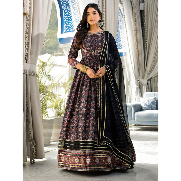 Odette Black Printed Dola Silk Anarkali Suit with Dupatta For Women (Set of 2)