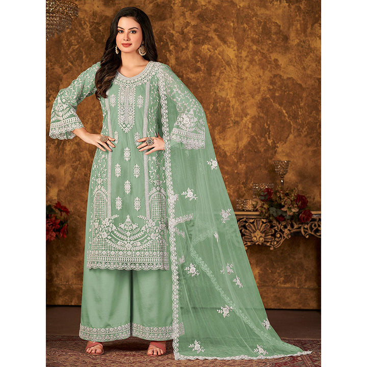 Odette Green Net Embroidered Semi Stitched Dress Material with Inner (Set of 4)