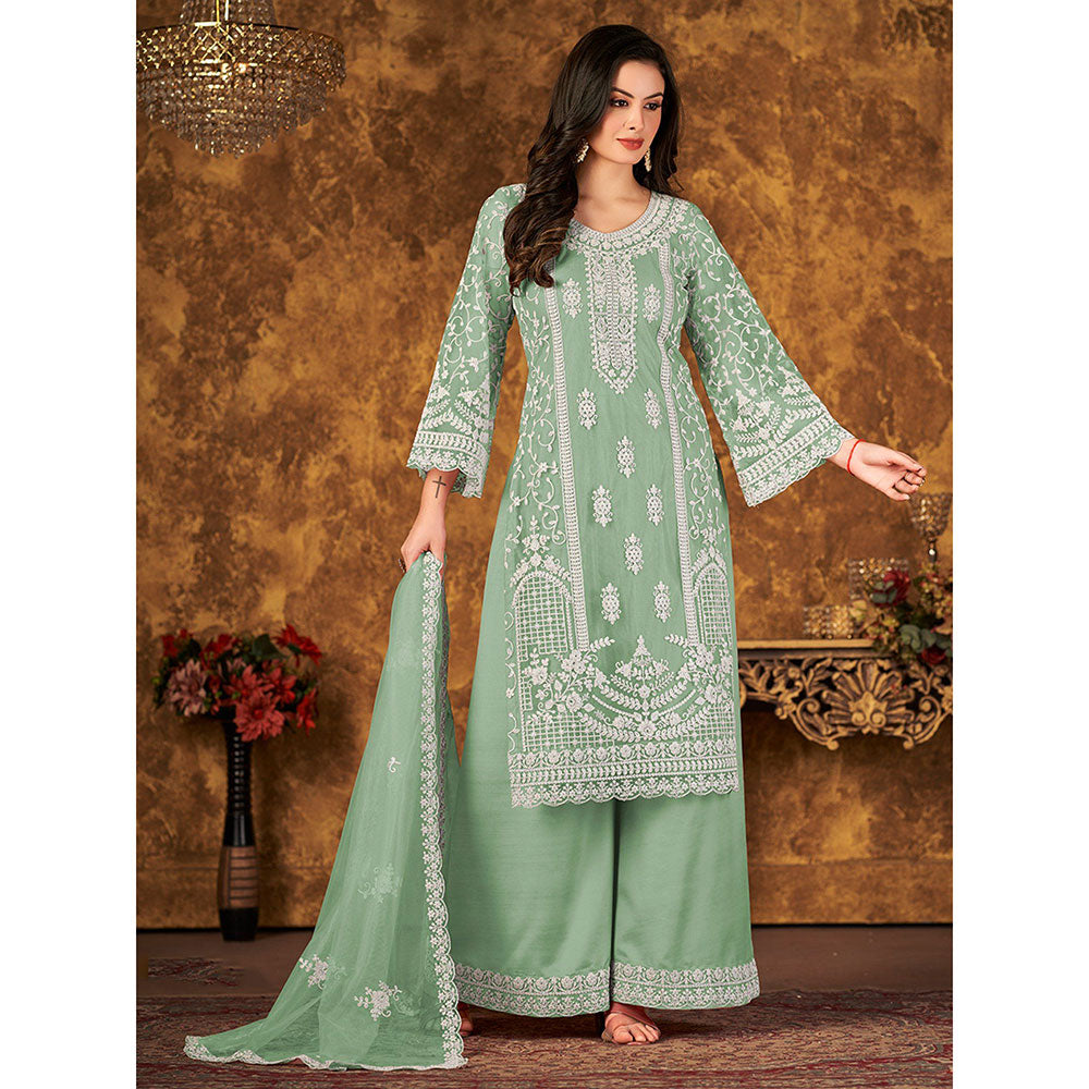 Odette Green Net Embroidered Semi Stitched Dress Material with Inner (Set of 4)