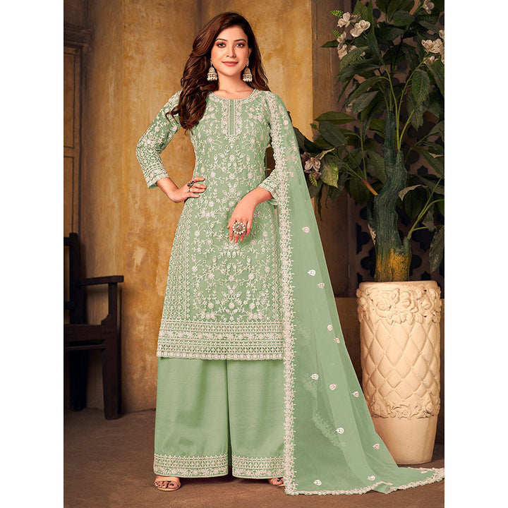 Odette Green Net Embroidered Semi Stitched Dress Material with Inner (Set of 4)