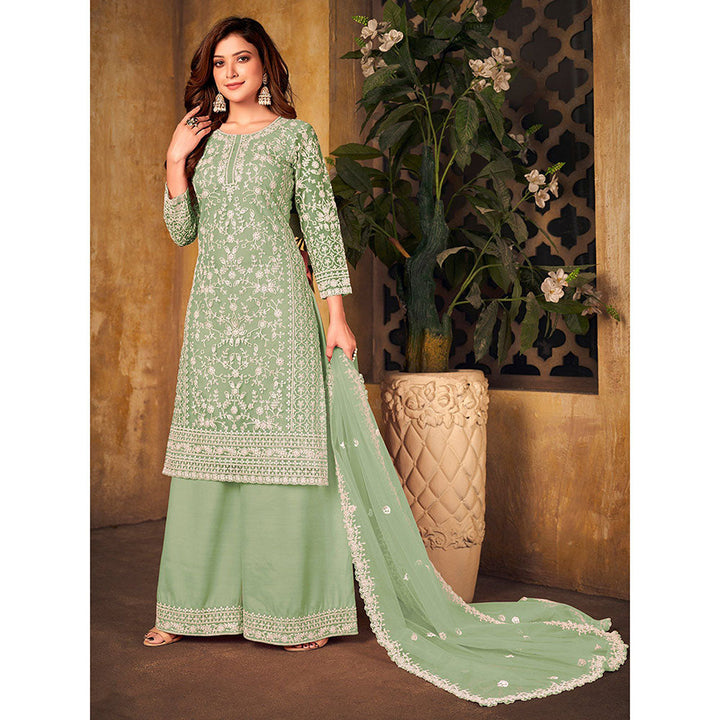 Odette Green Net Embroidered Semi Stitched Dress Material with Inner (Set of 4)