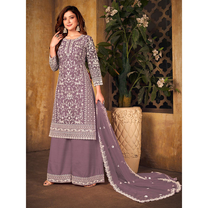 Odette Light Purple Net Embroidered Semi Stitched Dress Material with Inner (Set of 4)