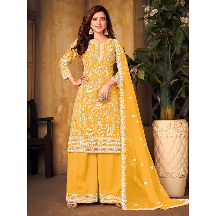 Odette Yellow Net Embroidered Semi Stitched Dress Material with Inner (Set of 4)