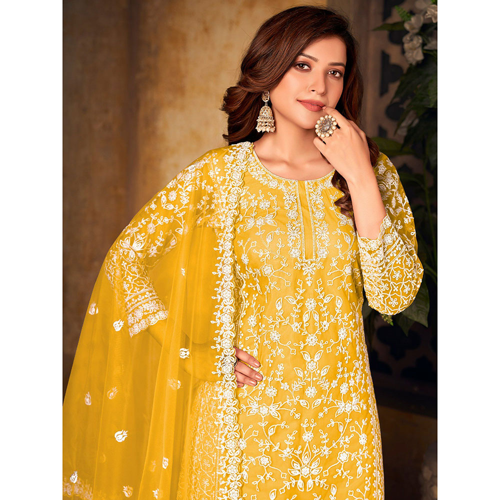 Odette Yellow Net Embroidered Semi Stitched Dress Material with Inner (Set of 4)