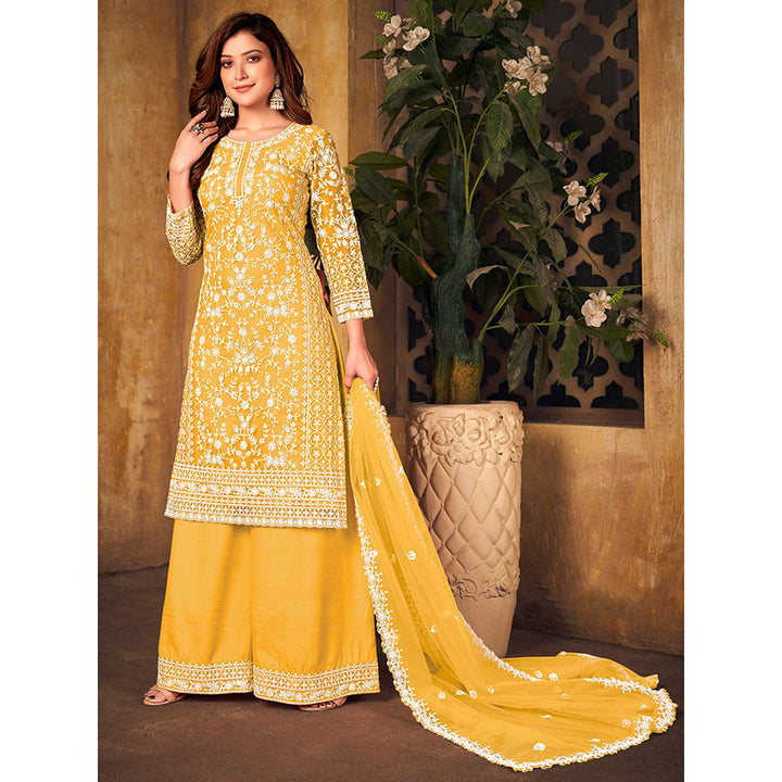 Odette Yellow Net Embroidered Semi Stitched Dress Material with Inner (Set of 4)