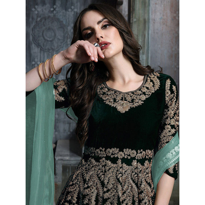 Odette Green Velvet Embroidered Semi Stitched Dress Material (Set of 3)