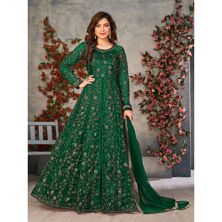 Odette Green Net Embroidered Semi Stitched Dress Material with Inner (Set of 4)