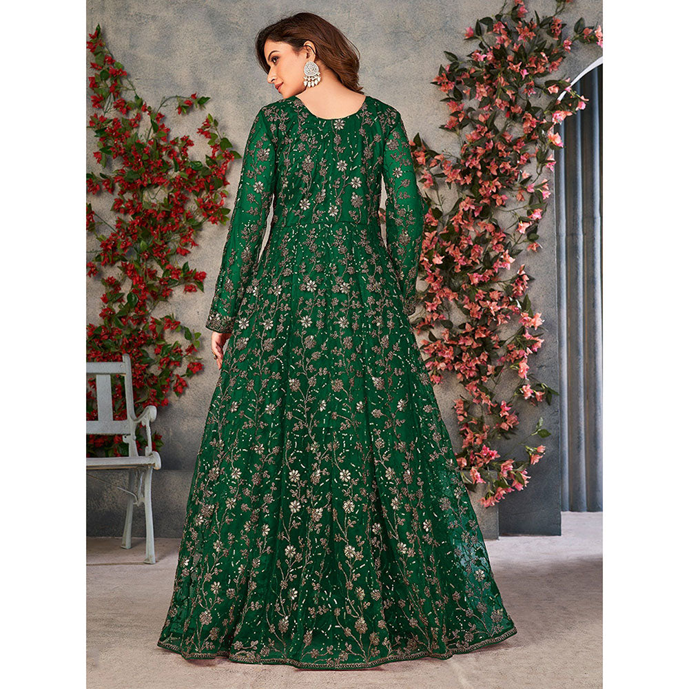 Odette Green Net Embroidered Semi Stitched Dress Material with Inner (Set of 4)