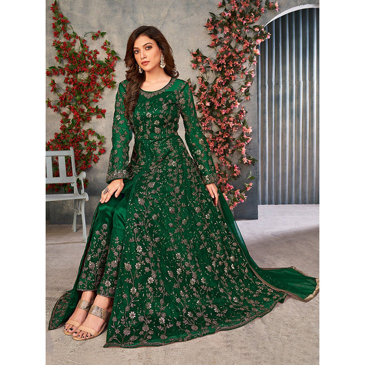 Odette Green Net Embroidered Semi Stitched Dress Material with Inner (Set of 4)