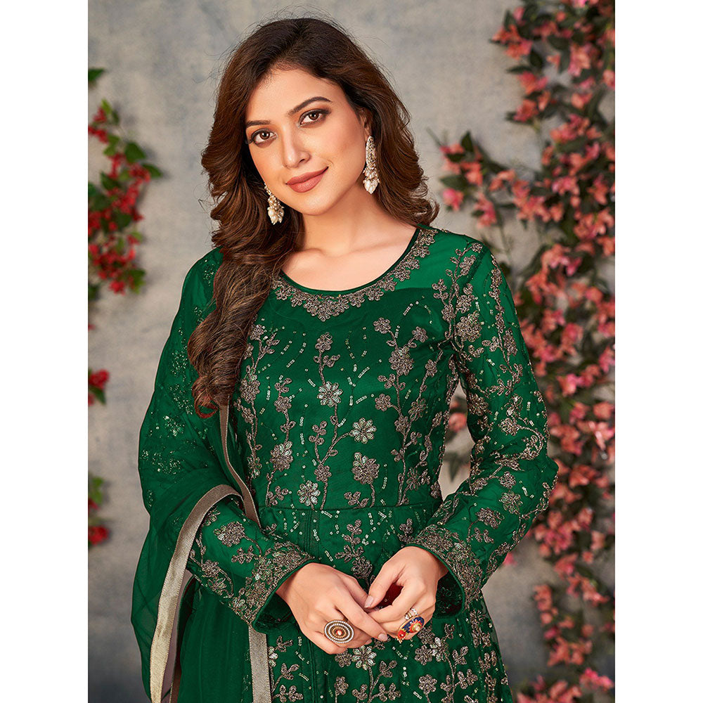 Odette Green Net Embroidered Semi Stitched Dress Material with Inner (Set of 4)