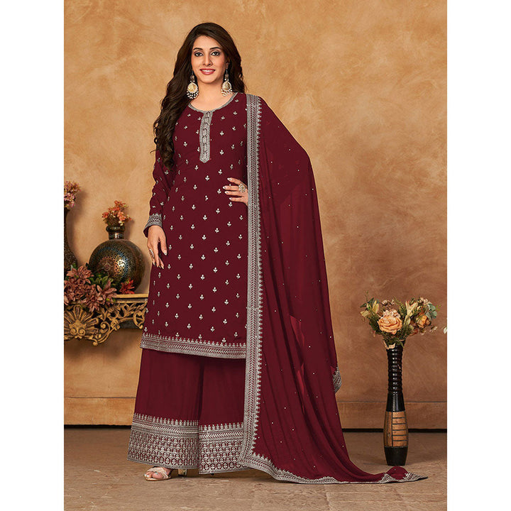 Odette Maroon Georgette Embroidered Semi Stitched Dress Material with Inner (Set of 4)