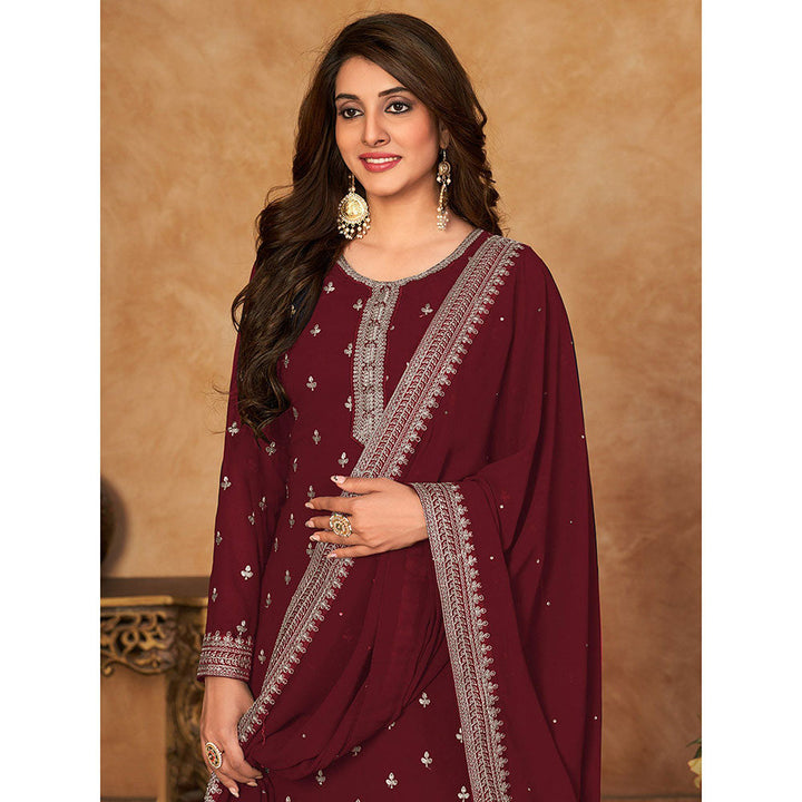 Odette Maroon Georgette Embroidered Semi Stitched Dress Material with Inner (Set of 4)