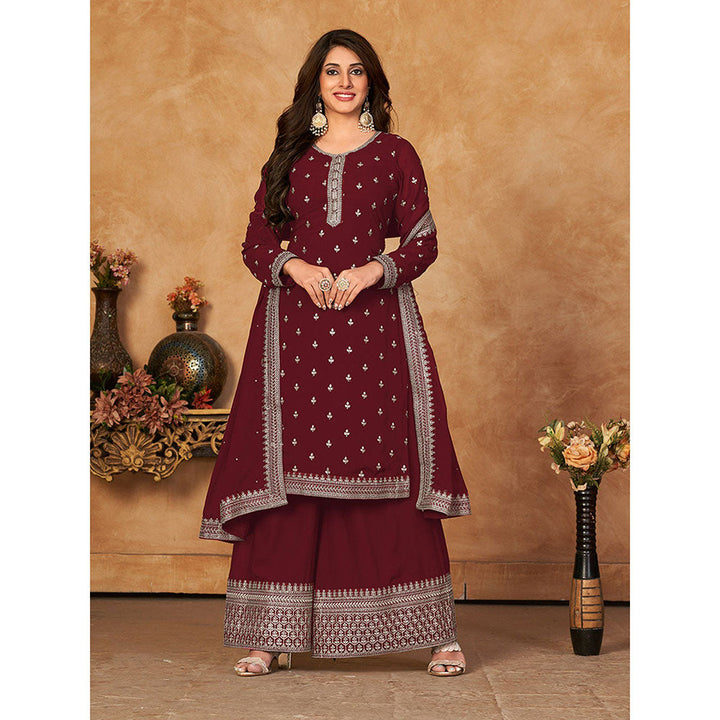 Odette Maroon Georgette Embroidered Semi Stitched Dress Material with Inner (Set of 4)