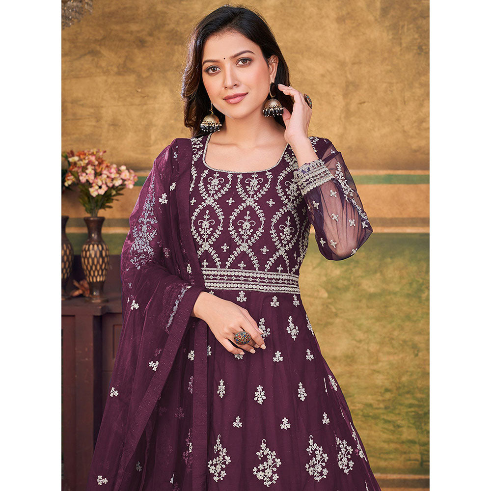 Odette Purple Net Embroidered Semi Stitched Dress Material with Inner (Set of 4)