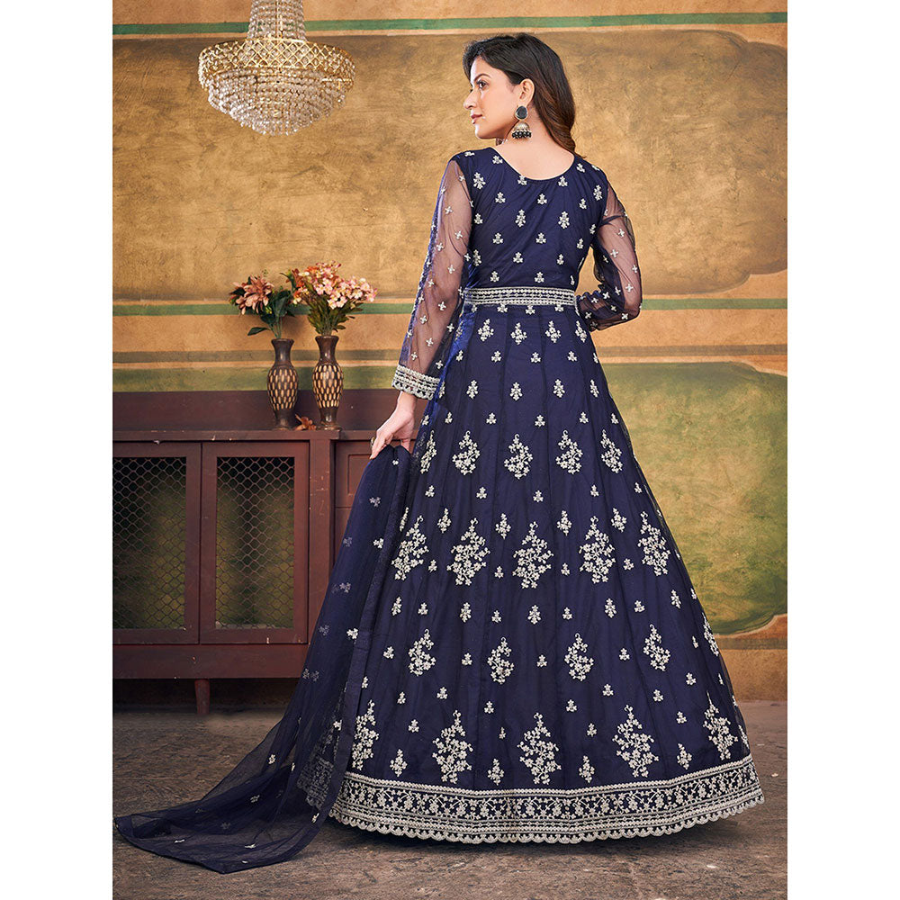 Odette Navy Blue Net Embroidered Semi Stitched Dress Material with Inner (Set of 4)