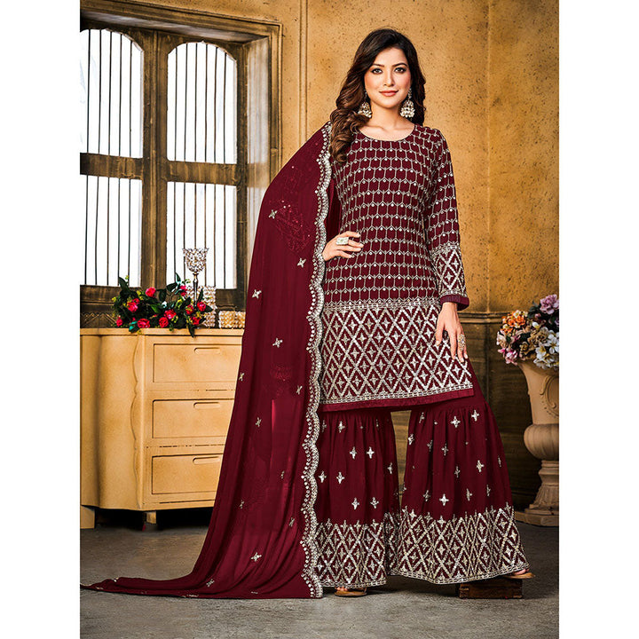 Odette Maroon Georgette Embroidered Semi Stitched Dress Material with Inner (Set of 4)