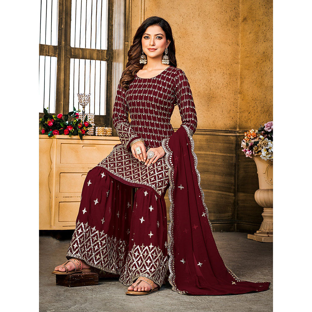 Odette Maroon Georgette Embroidered Semi Stitched Dress Material with Inner (Set of 4)