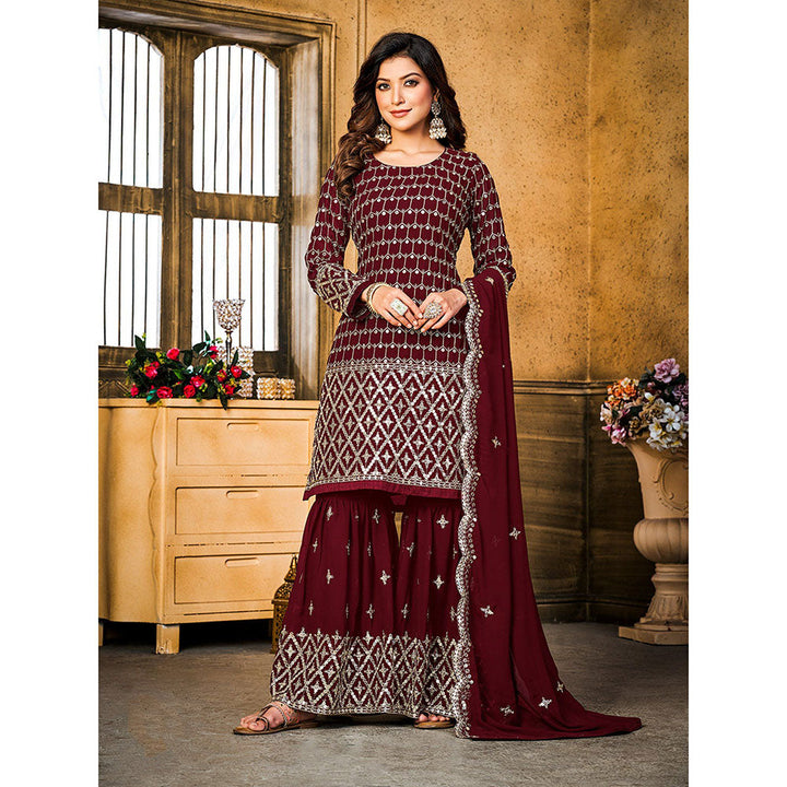 Odette Maroon Georgette Embroidered Semi Stitched Dress Material with Inner (Set of 4)