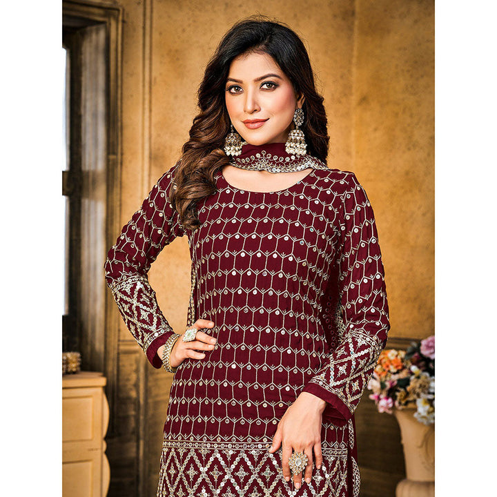 Odette Maroon Georgette Embroidered Semi Stitched Dress Material with Inner (Set of 4)