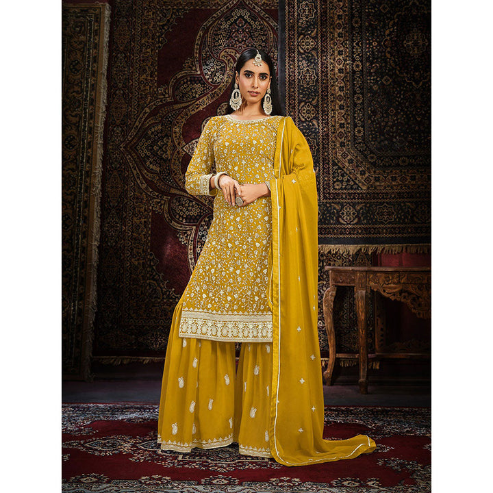 Odette Yellow Georgette Embroidered Semi Stitched Dress Material with Inner (Set of 4)