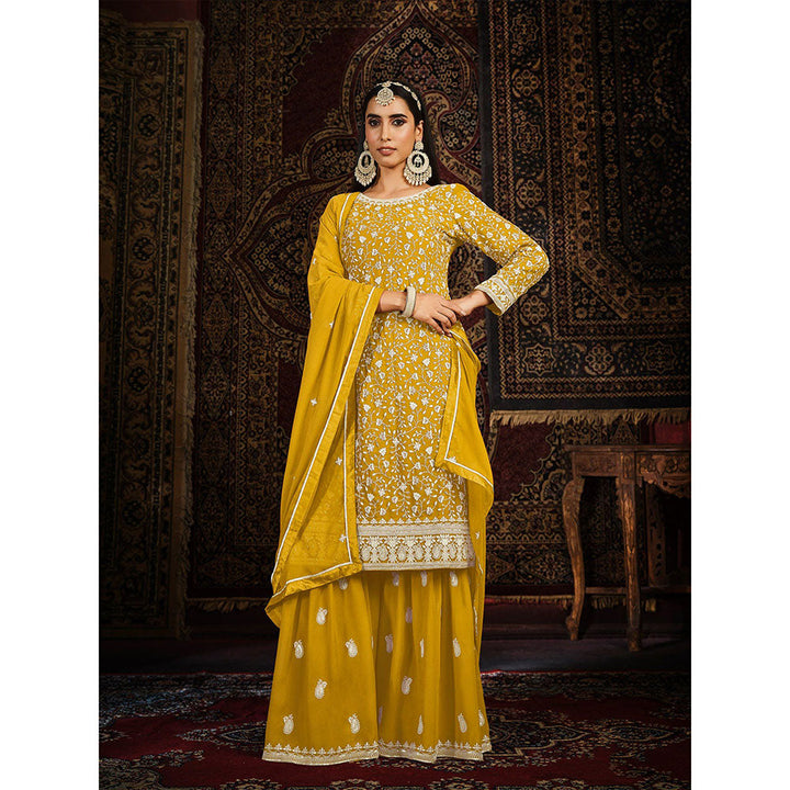 Odette Yellow Georgette Embroidered Semi Stitched Dress Material with Inner (Set of 4)