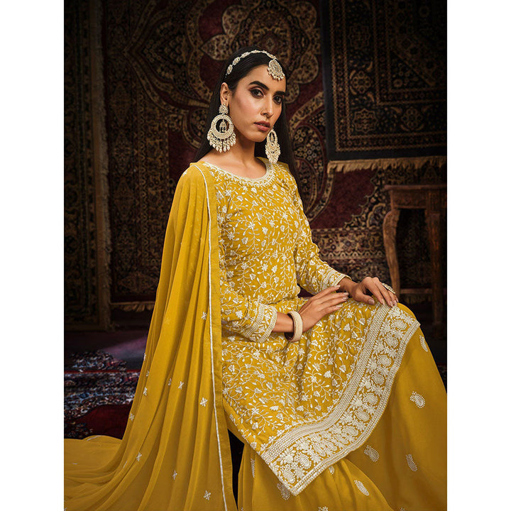 Odette Yellow Georgette Embroidered Semi Stitched Dress Material with Inner (Set of 4)