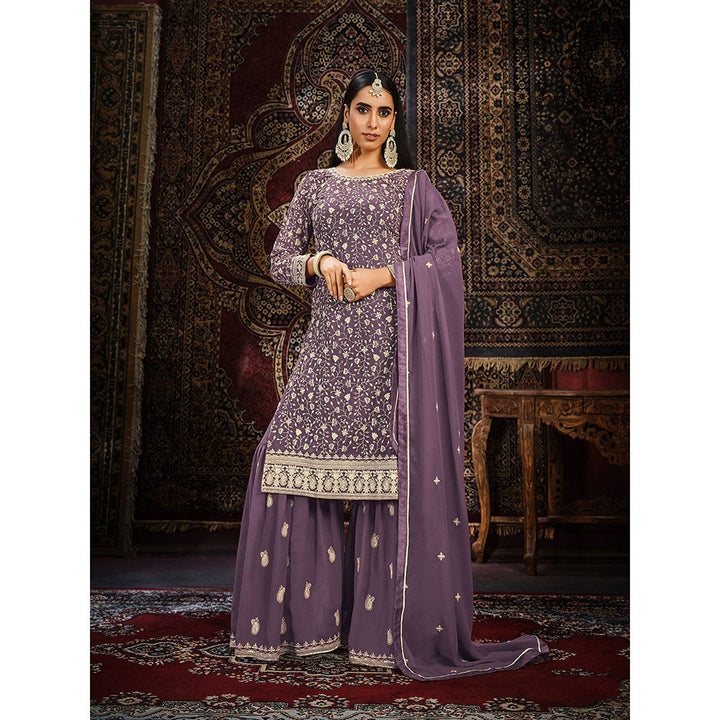 Odette Purple Georgette Embroidered Semi Stitched Dress Material with Inner (Set of 4)