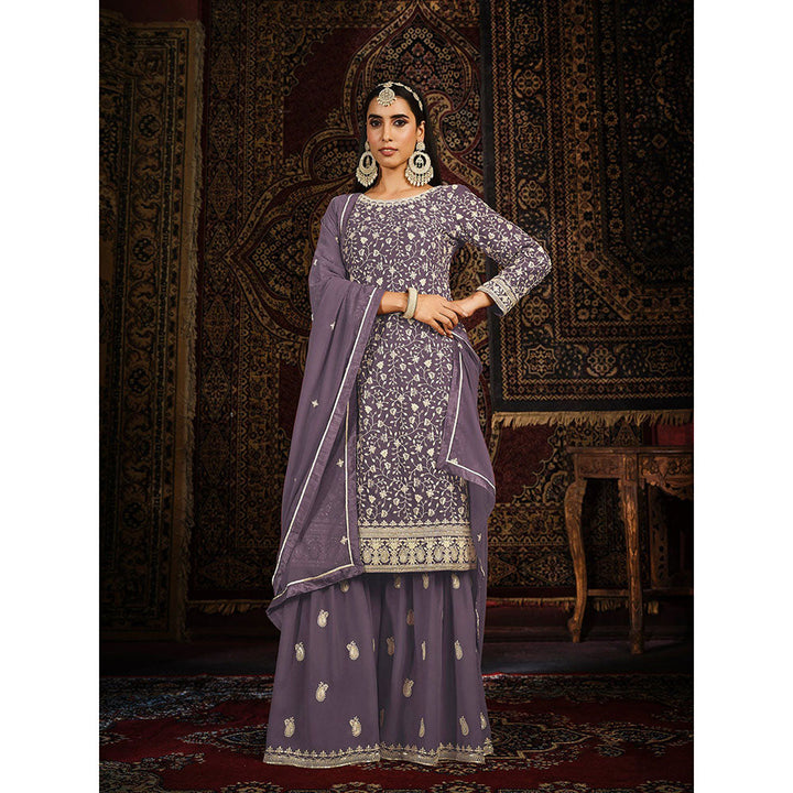 Odette Purple Georgette Embroidered Semi Stitched Dress Material with Inner (Set of 4)