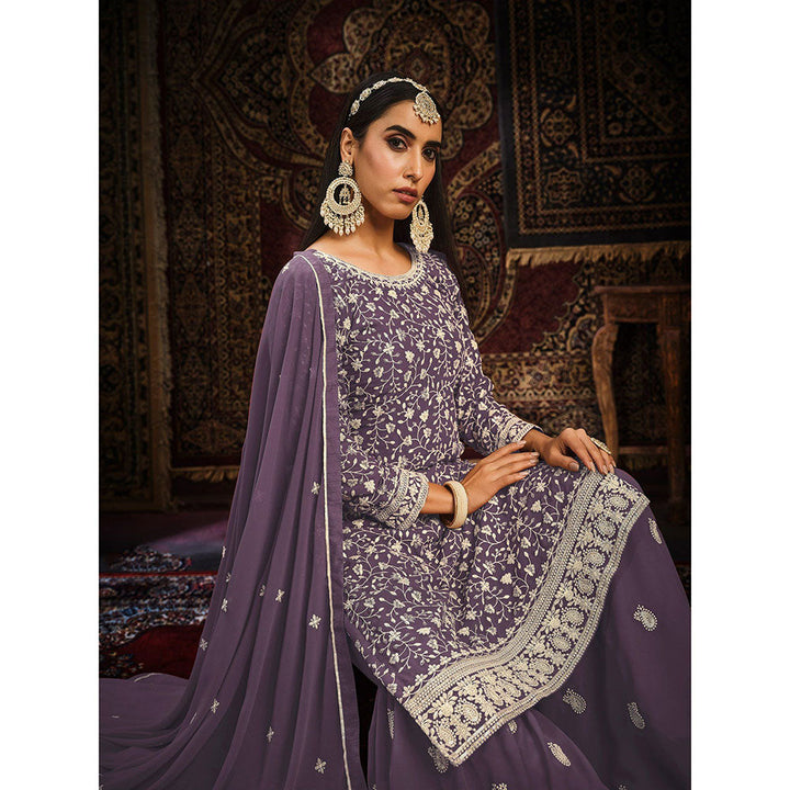 Odette Purple Georgette Embroidered Semi Stitched Dress Material with Inner (Set of 4)