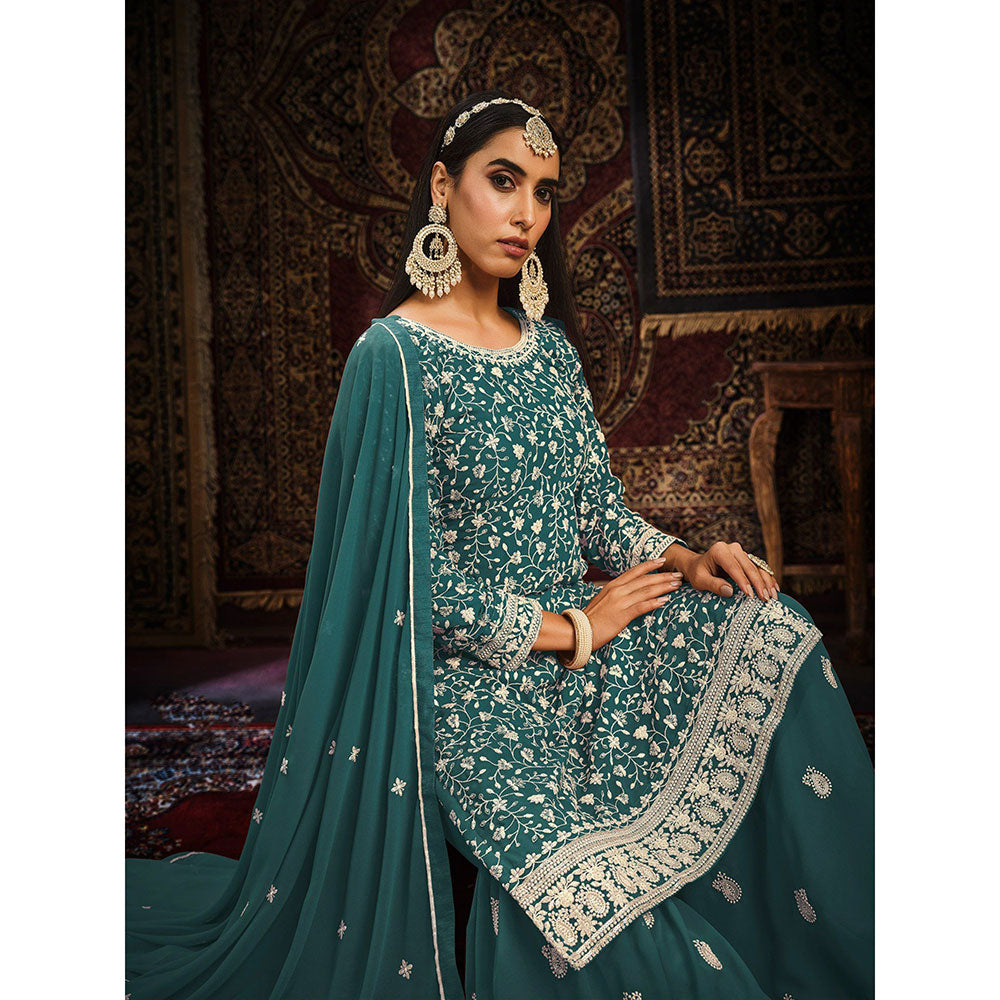 Odette Teal Georgette Embroidered Semi Stitched Dress Material with Inner (Set of 4)