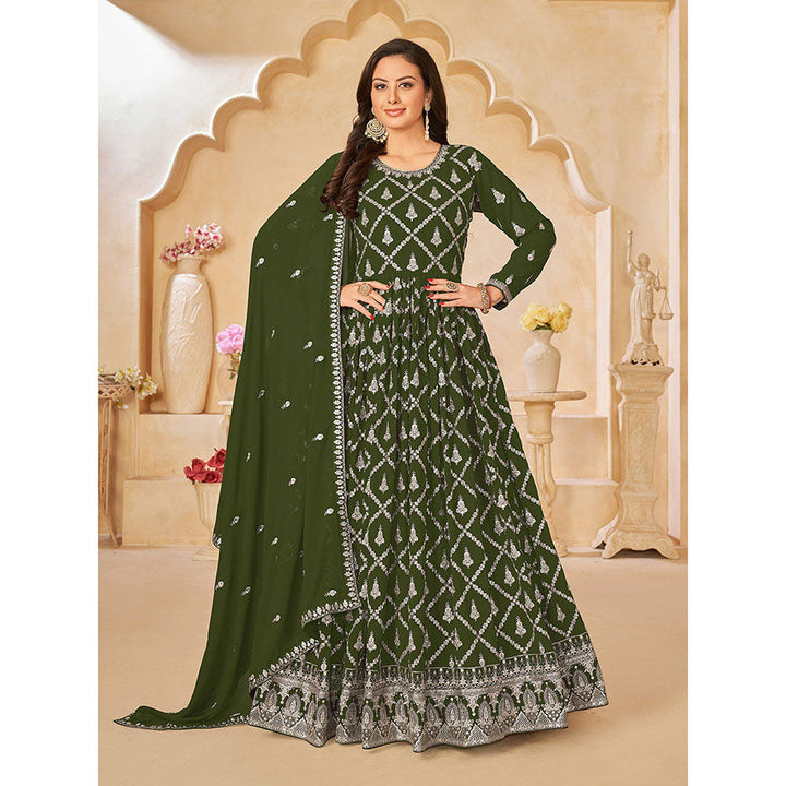 Odette Green Georgette Embroidered Semi Stitched Dress Material with Inner (Set of 4)