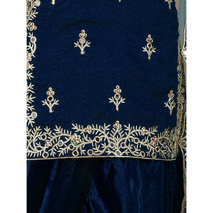 Odette Navy Blue Art Silk Embroidered Semi Stitched Dress Material with Inner (Set of 4)