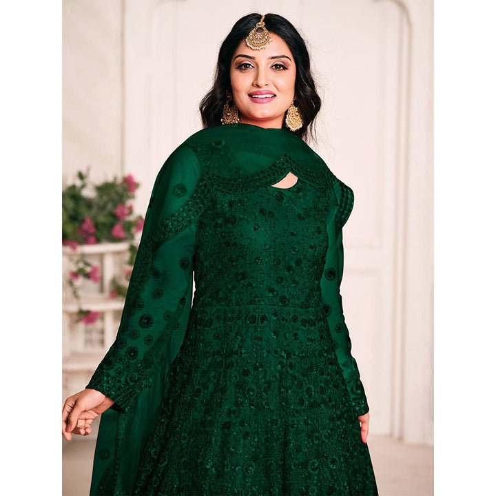 Odette Green Net Embroidered Semi Stitched Dress Material with Inner (Set of 4)