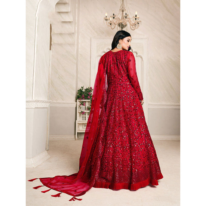 Odette Red Net Embroidered Semi Stitched Dress Material with Inner (Set of 4)