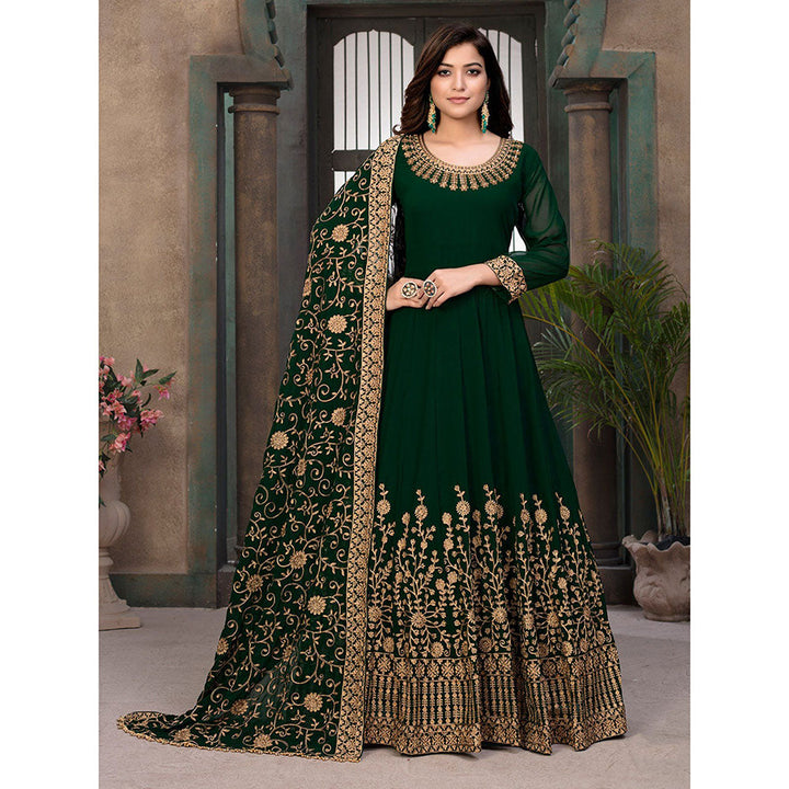 Odette Green Georgette Embroidered Semi Stitched Dress Material with Inner (Set of 4)