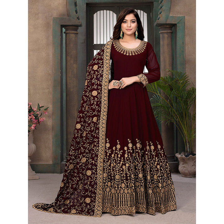 Odette Maroon Georgette Embroidered Semi Stitched Dress Material with Inner (Set of 4)