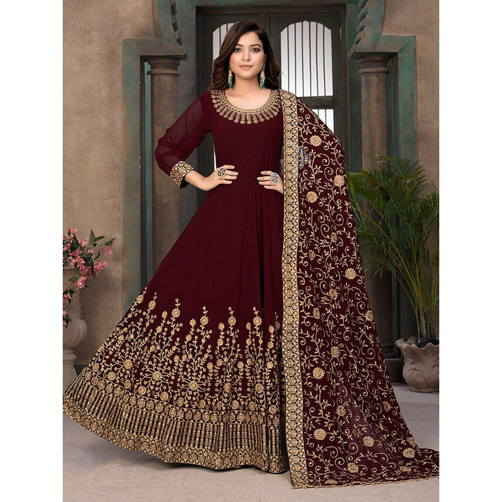 Odette Maroon Georgette Embroidered Semi Stitched Dress Material with Inner (Set of 4)