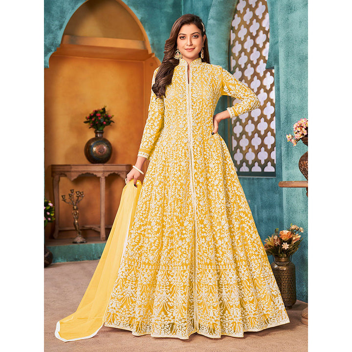 Odette Yellow Net Embroidered Semi Stitched Dress Material with Inner (Set of 4)