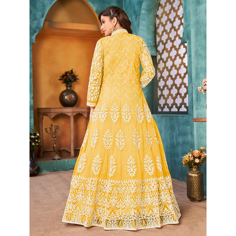 Odette Yellow Net Embroidered Semi Stitched Dress Material with Inner (Set of 4)