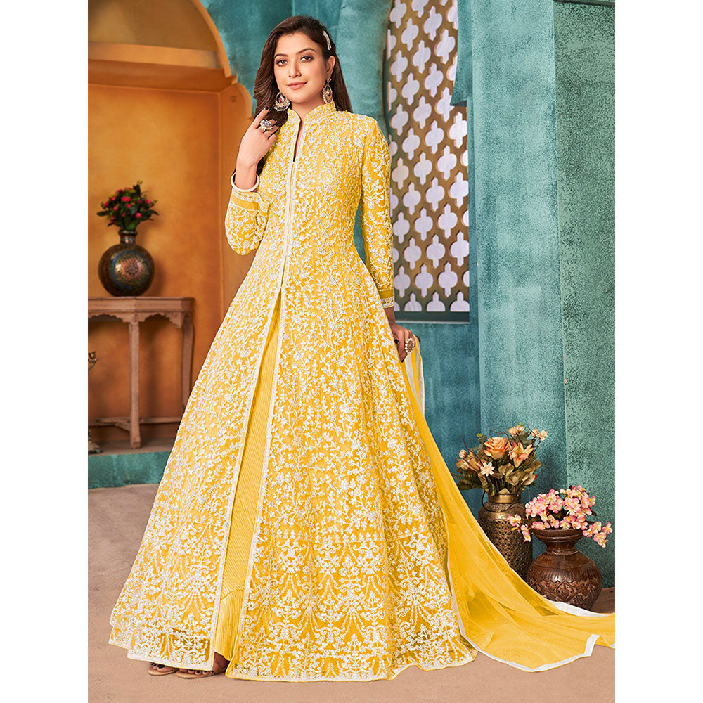 Odette Yellow Net Embroidered Semi Stitched Dress Material with Inner (Set of 4)