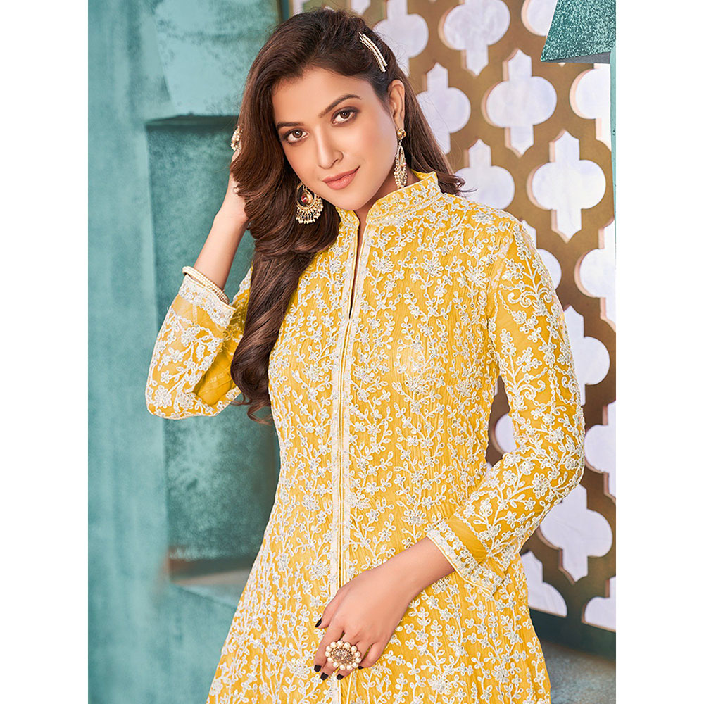 Odette Yellow Net Embroidered Semi Stitched Dress Material with Inner (Set of 4)