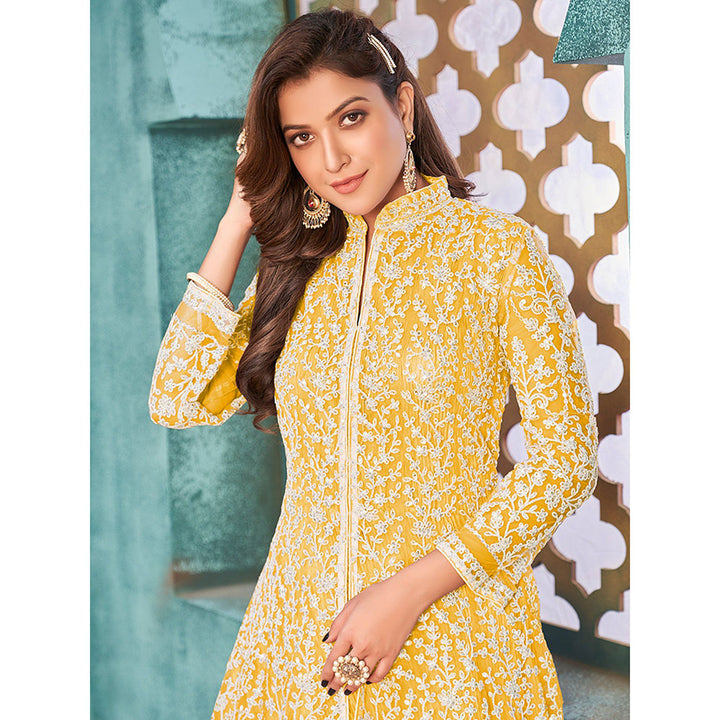 Odette Yellow Net Embroidered Semi Stitched Dress Material with Inner (Set of 4)