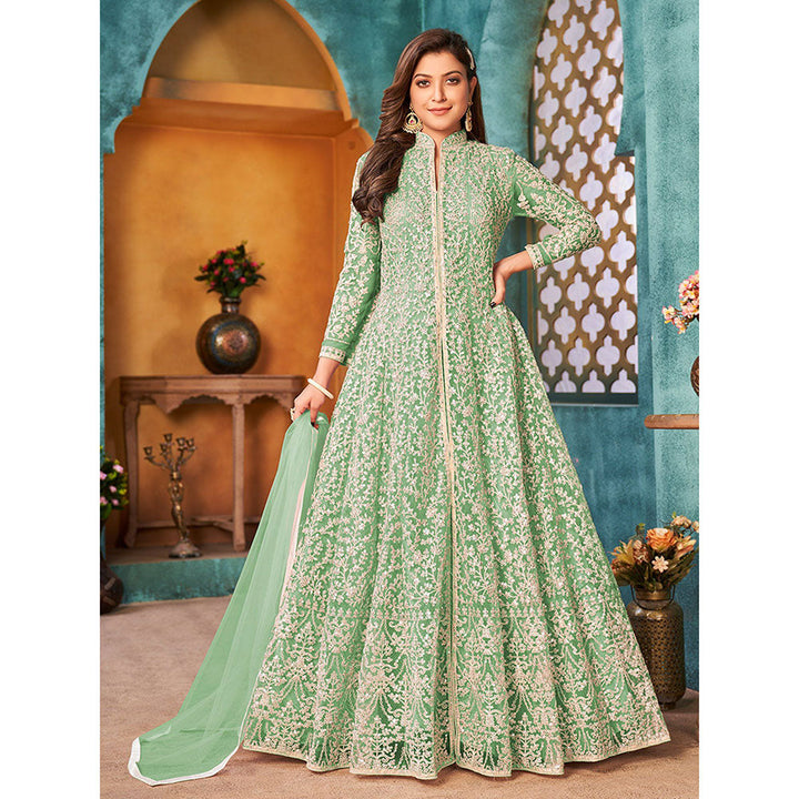 Odette Green Net Embroidered Semi Stitched Dress Material with Inner (Set of 4)