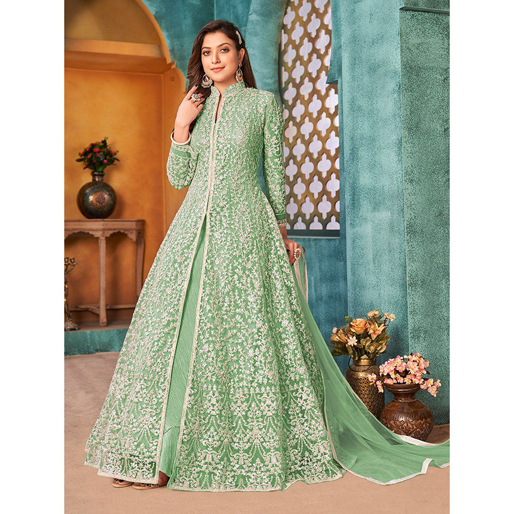 Odette Green Net Embroidered Semi Stitched Dress Material with Inner (Set of 4)