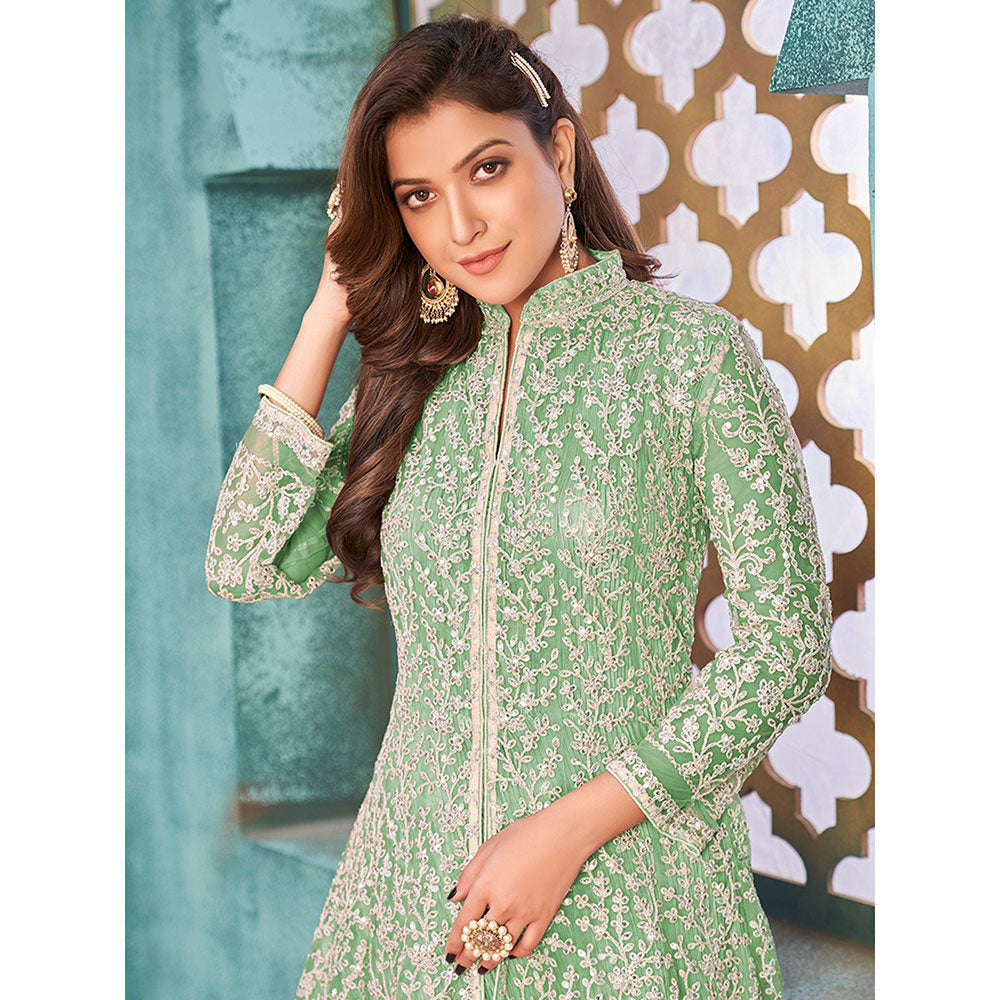 Odette Green Net Embroidered Semi Stitched Dress Material with Inner (Set of 4)