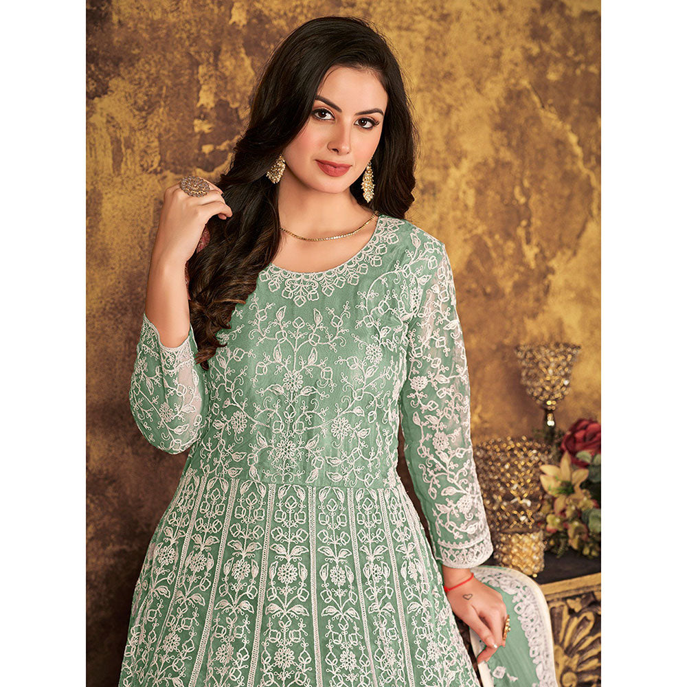 Odette Green Net Embroidered Semi Stitched Dress Material with Inner (Set of 4)