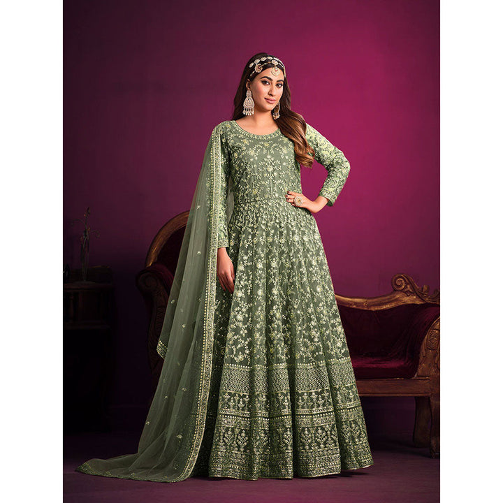 Odette Light Green Net Embroidered Semi Stitched Dress Material with Inner (Set of 4)