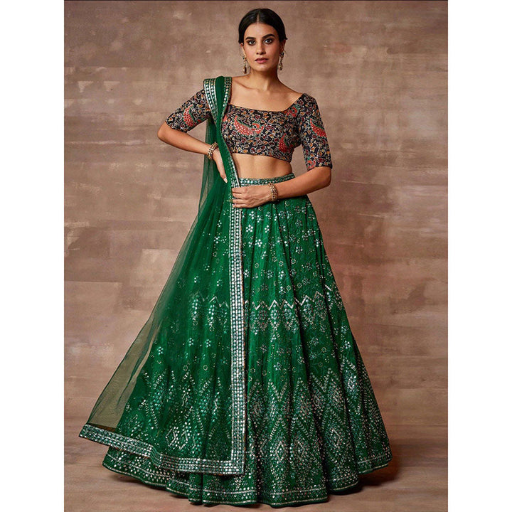 Odette Green Organza Embroidered Semi Stitched Lehenga with Unstitched Blouse (Set of 3)