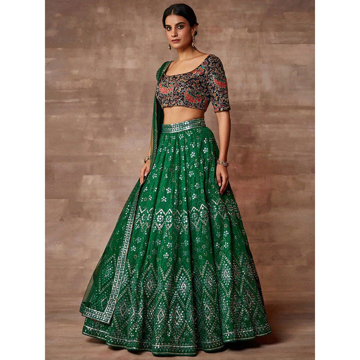 Odette Green Organza Embroidered Semi Stitched Lehenga with Unstitched Blouse (Set of 3)